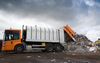 landfill pollutes the environment. garbage truck. birds fly over landfill